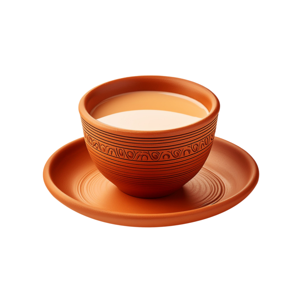 Realistic clay cup and plate of cinnamon tea on transparent background png