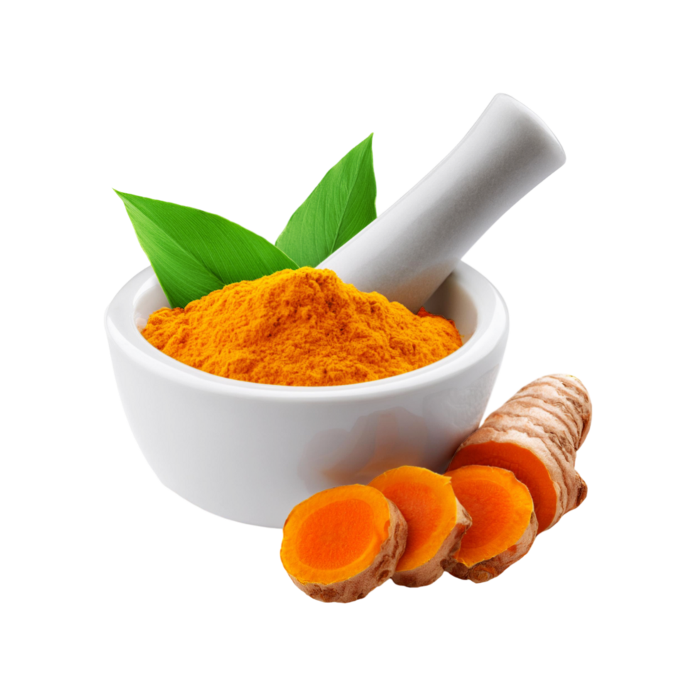 Top view of turmeric powder mortar and pestle on transparent background png
