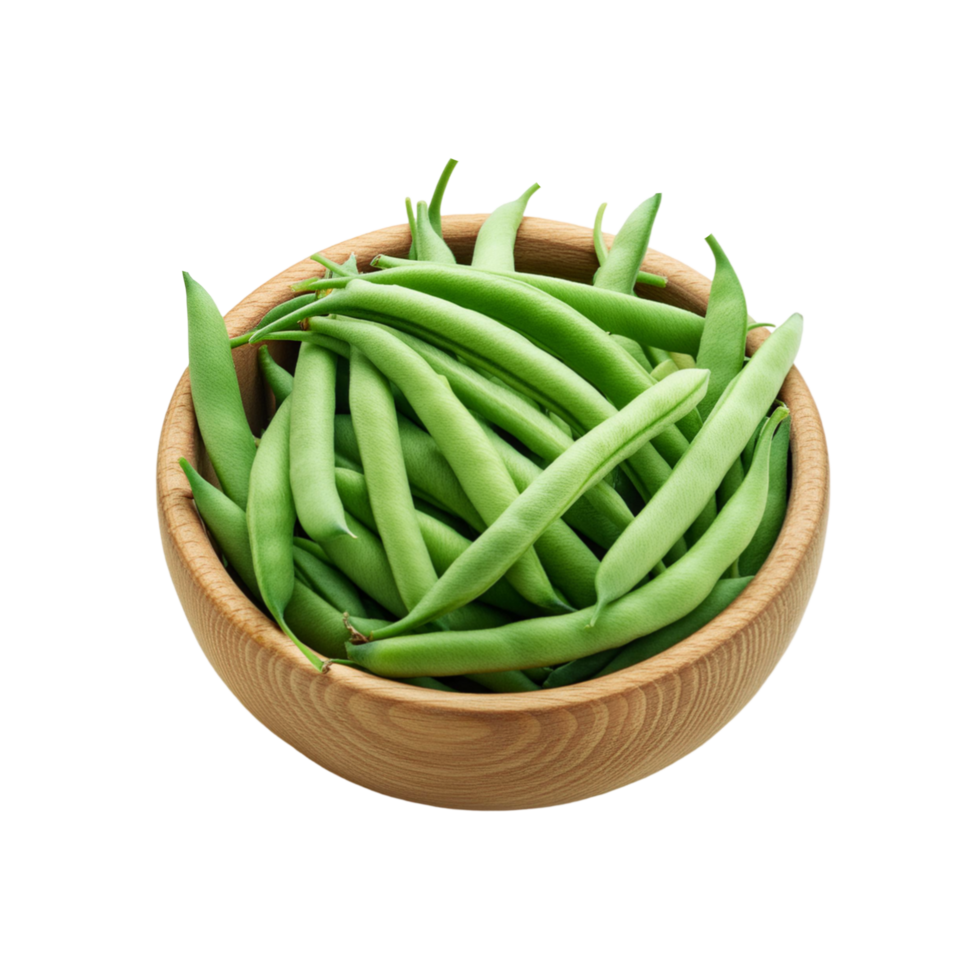 Wooden bowl of green beans on transparent background png