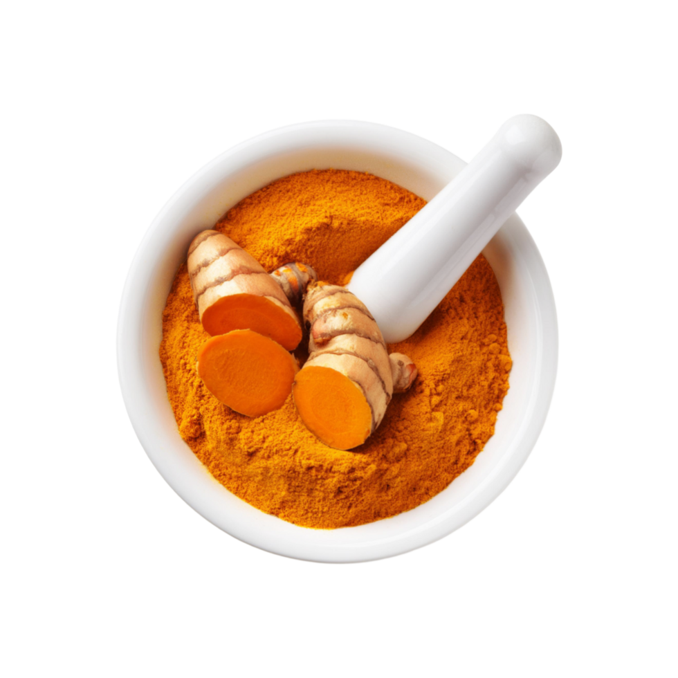 Top view of fresh turmeric powder mortar and pestle on transparent background png