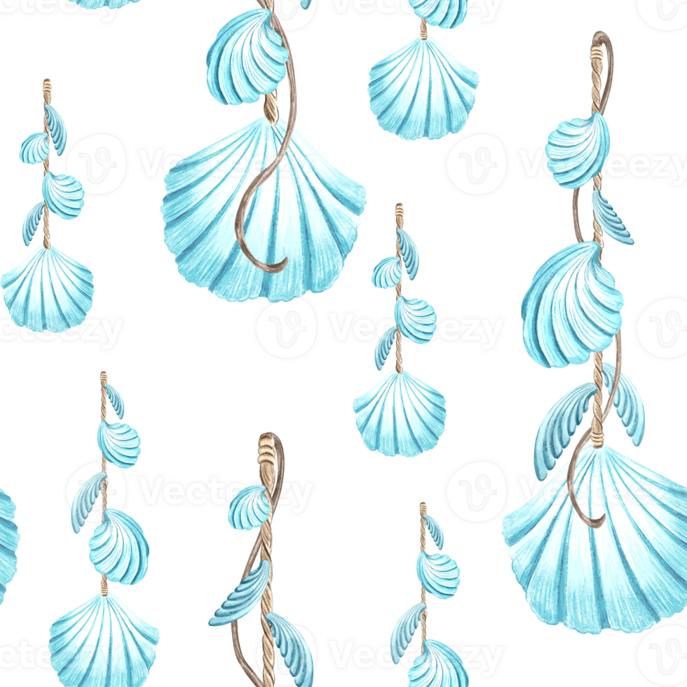 Turquoise seashells of scallops hung on rope. Seamless pattern. Hand drawn watercolor illustration isolated. Nautical design in Mediterranean and tropical sea stile. Template for wallpaper, textile. png