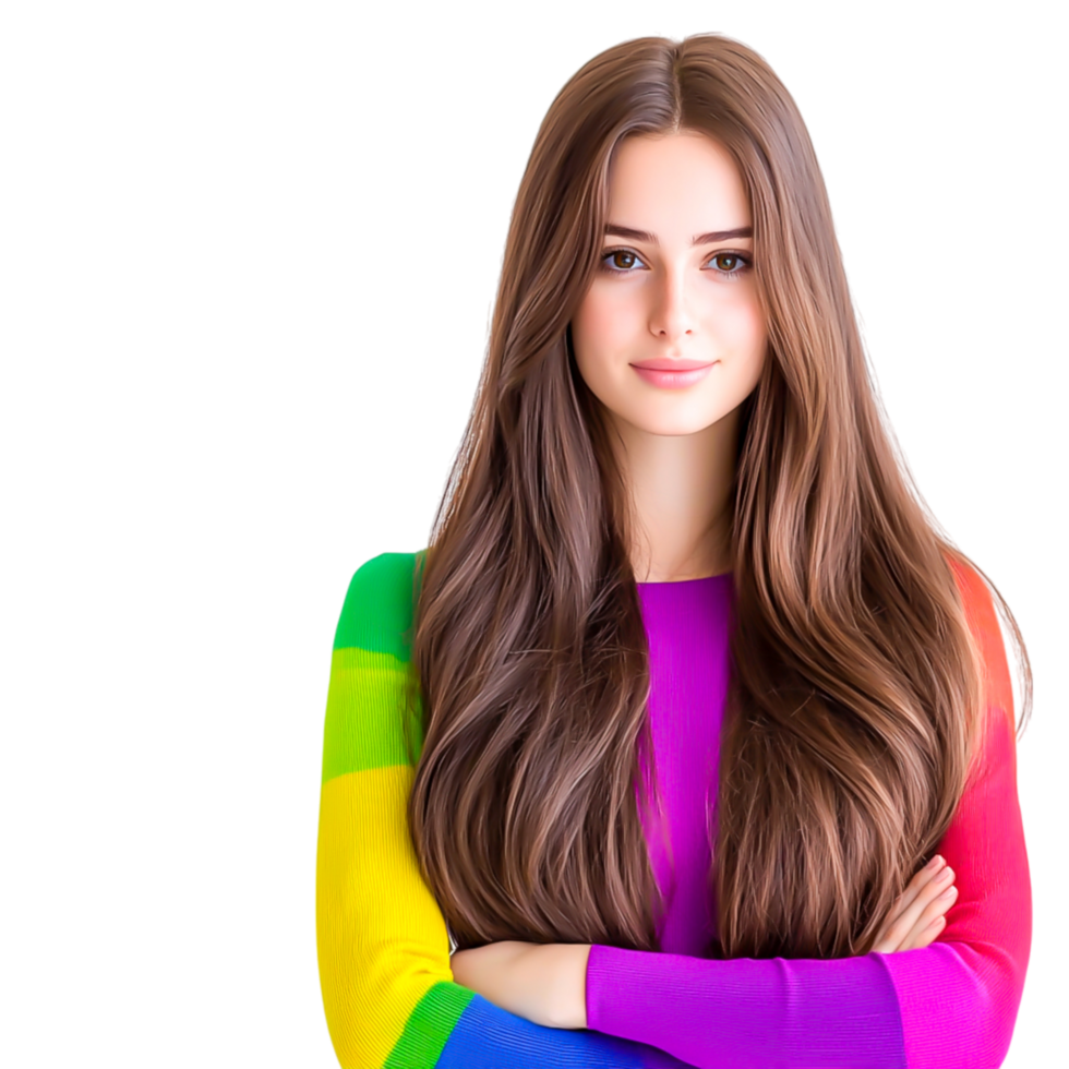 Brightly Colored Sweater on Woman with Long Hair Smiling Cheerfully png