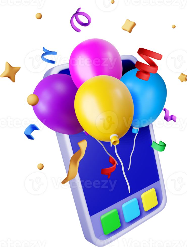 3D smartphone with bunch of balloons flying png