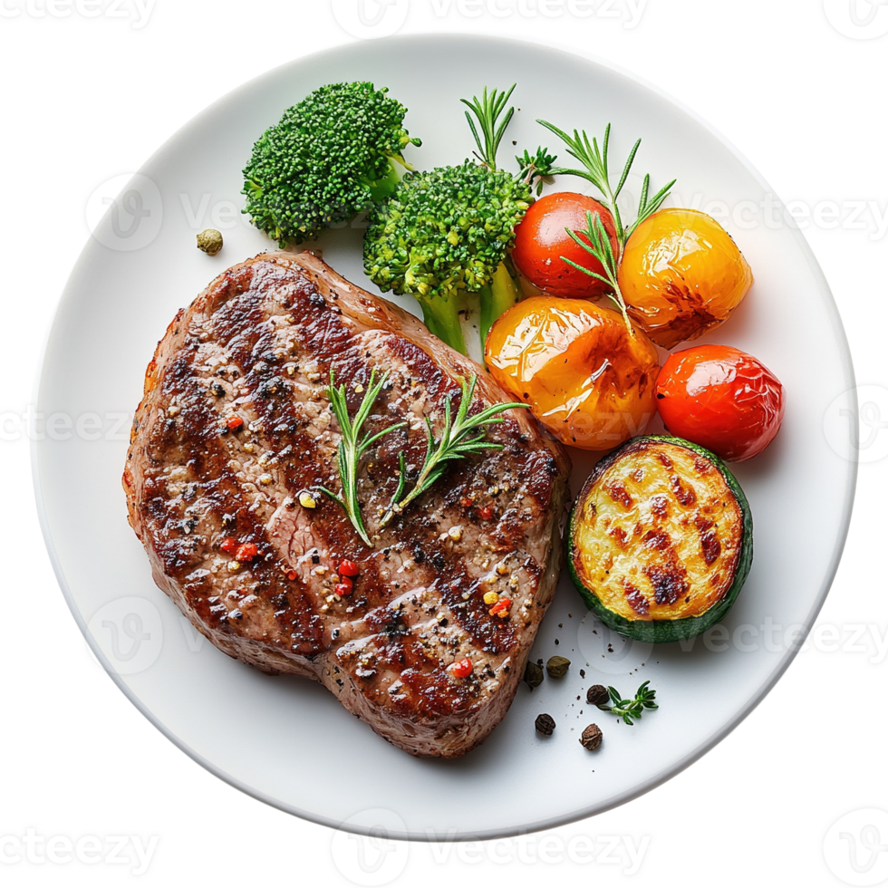Grilled Steak with Vegetables on White Plate png