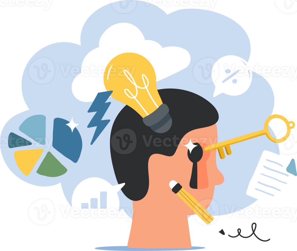 Creative Design Storm, Brain and Thought Illustration. head with a thought bubble featuring a light bulb. png