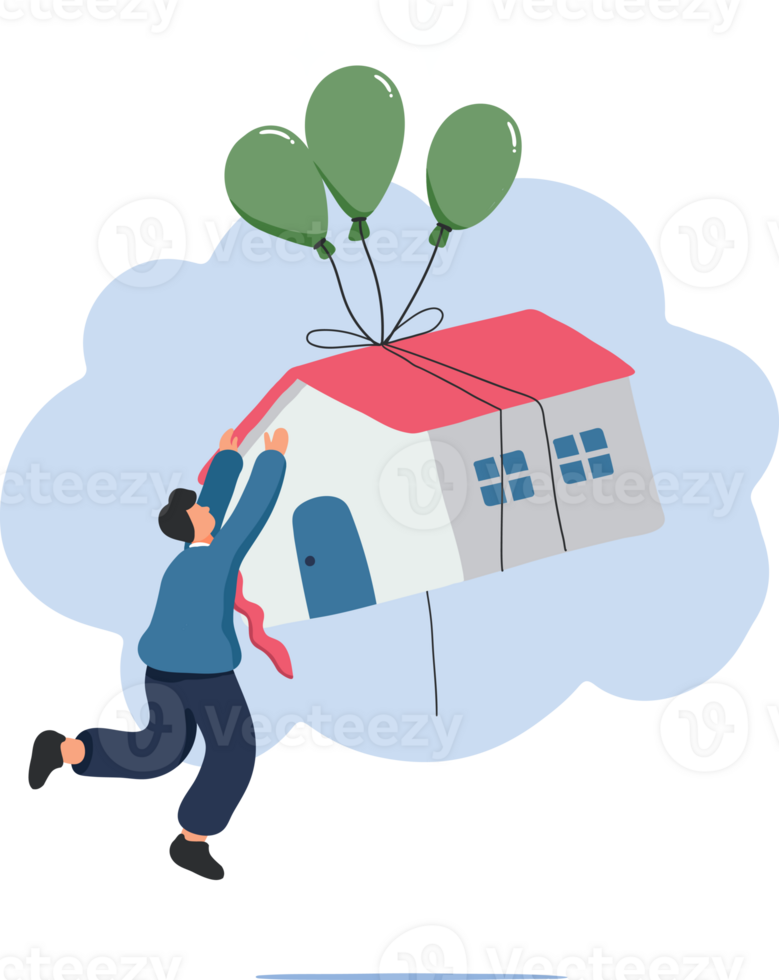Economic Mortgages, Inflation, and Financial Uncertainty. A Man Clinging to a Floating House Amid Economic Turmoil. png