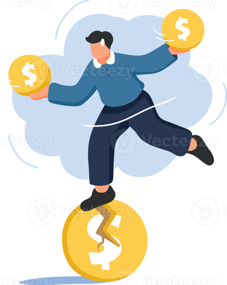 Business and Finance Money Balancing Illustration. A Person Skillfully Balancing on Oversized Coins While Holding Coins. png