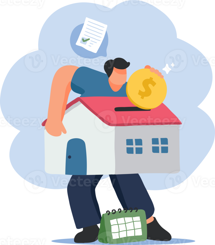 Home Debt and Financial Responsibility Illustration. A Man Carrying a House with a Coin and Calendar. png
