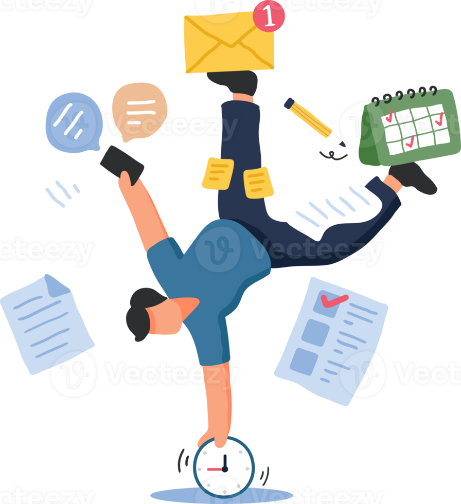 Task Management and Multitasking Illustration. A Character Balances Papers, a Clock, and an Envelope to Represent Productivity Challenges. png
