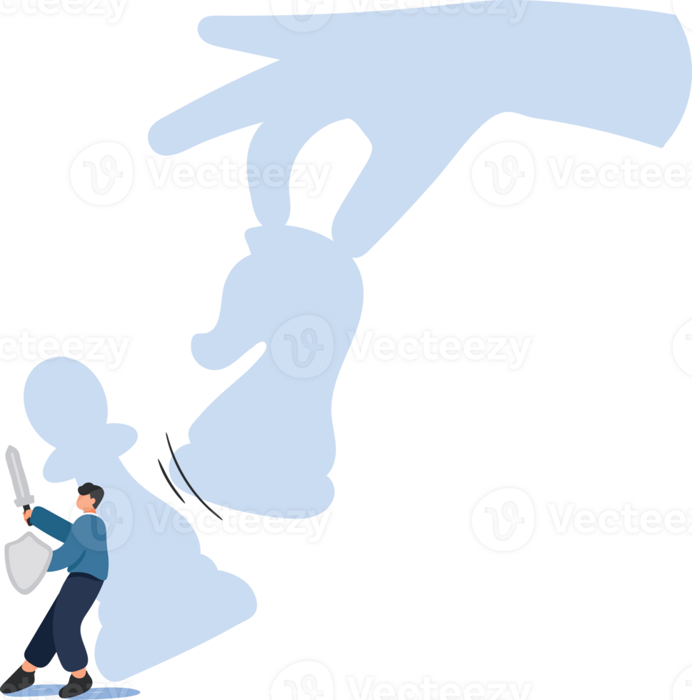 Facing Business Challenges. A Businessman with Sword and Shield Hiding Behind a Pawn, While a Giant Hand Holds a Chess Knight png