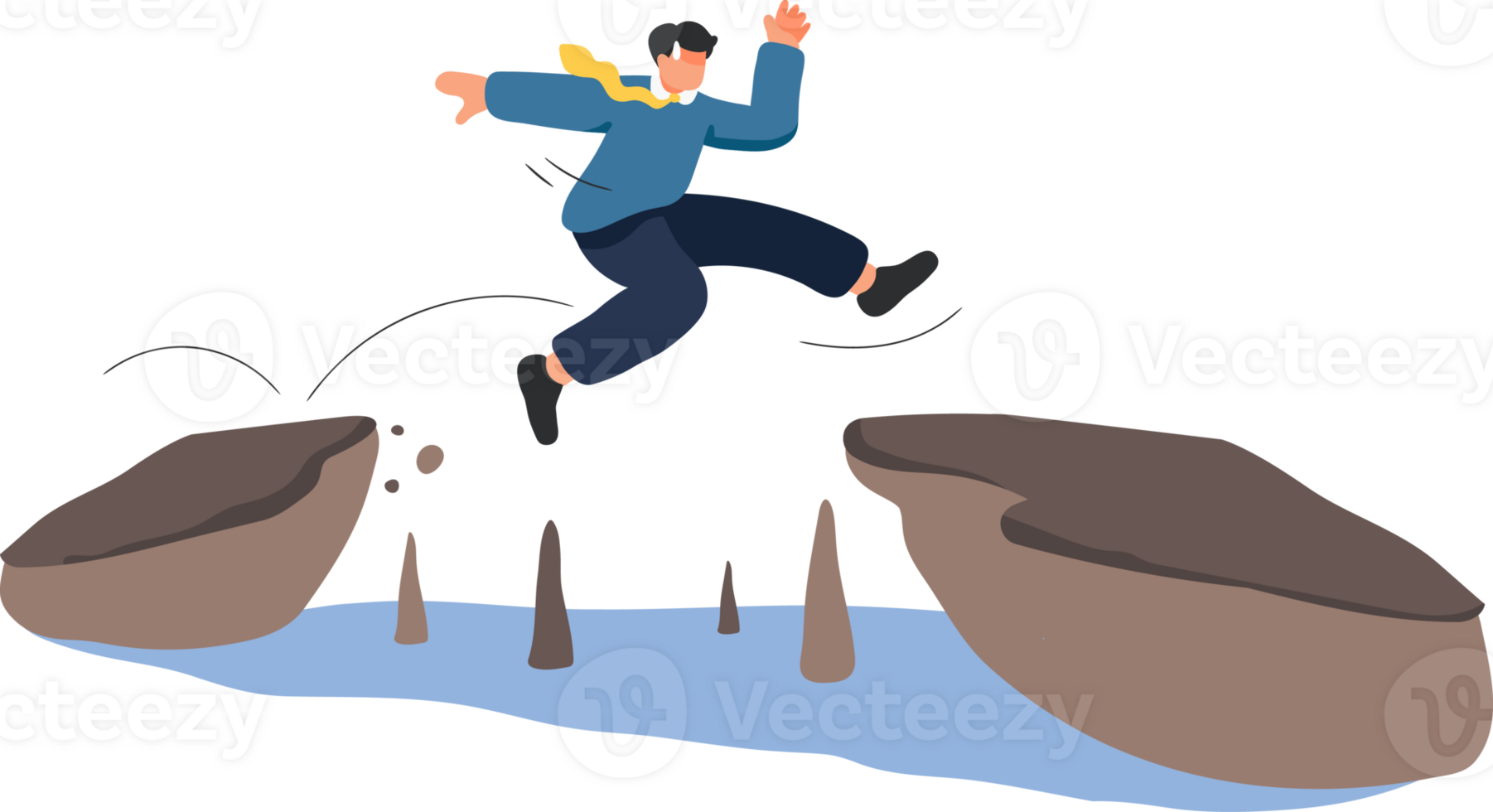 Error and 404 Man Jump Illustration. a man mid-jump over a gap between cliffs, symbolizing bravery, determination, and overcoming challenges. png