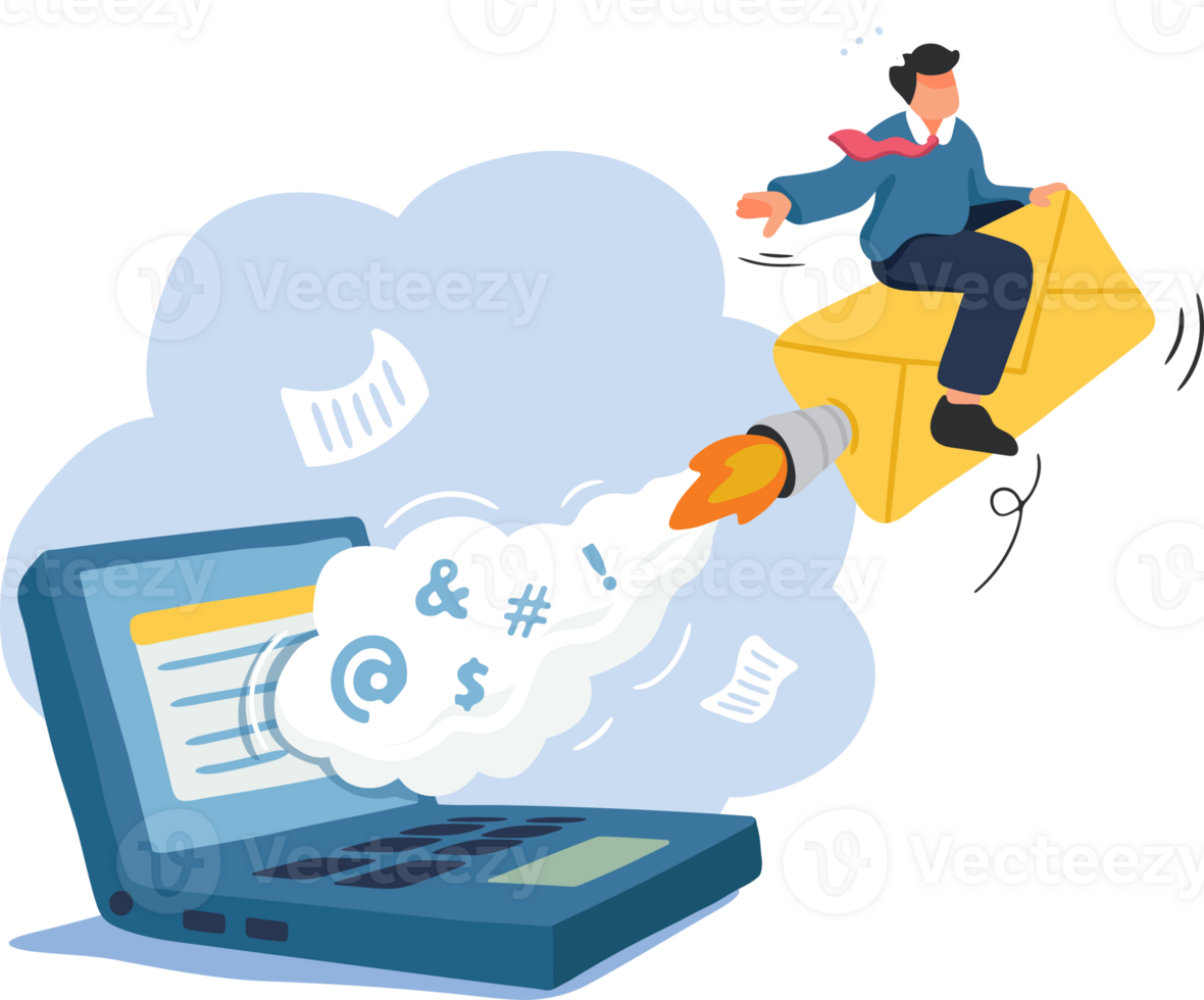 Social Media and Fast Communication Illustration. A Whimsical Character Rides a Rocket-Boosted Envelope. png