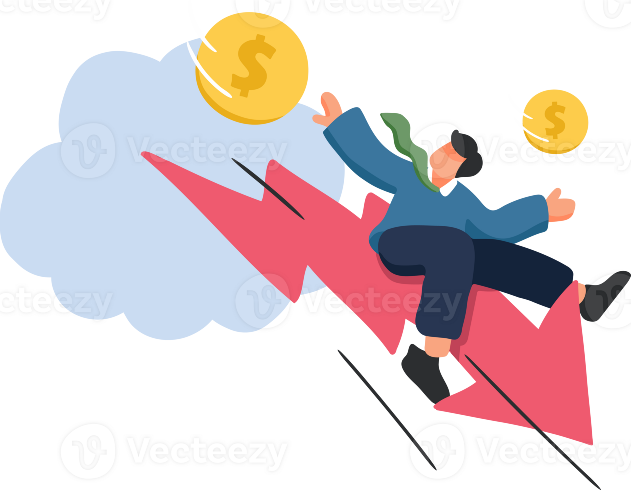 Business and Finance Decline Illustration. A Character Falling Alongside a Downward Arrow. png