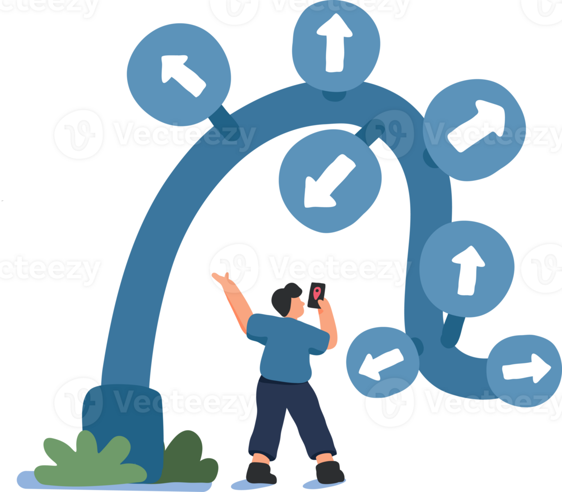 Navigation and Decision Making. A Man Stands Thoughtfully Beside a Signpost with Arrows Pointing in Multiple Directions. png