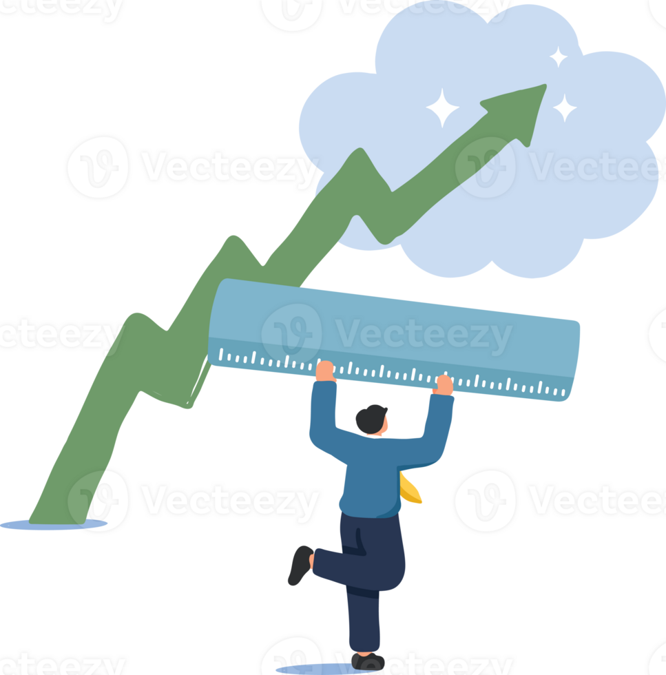 Measuring Business Growth and Profit. An illustration of a businessman holding a giant ruler with a green arrow graph in front symbolizing growth. png