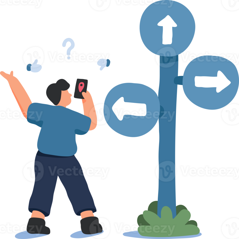 Navigation and Decision-Making at a Crossroads Illustration. A Man Stands Thoughtfully Beside a Signpost with Arrows Pointing in Multiple Directions. png