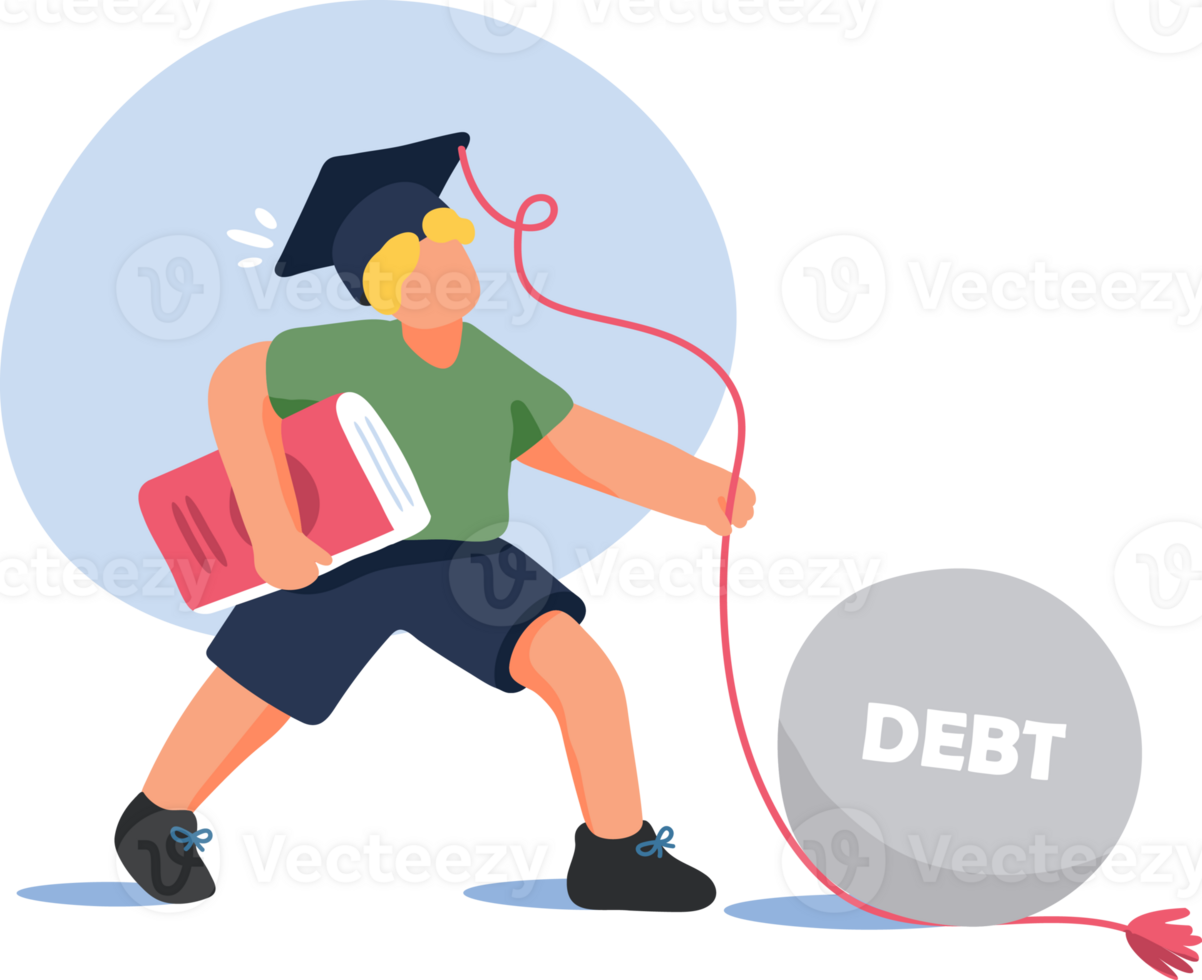 Student Debt Illustration. A Young Boy Struggles Under a Graduation Cap Weighed Down by a Large Debt Ball. png