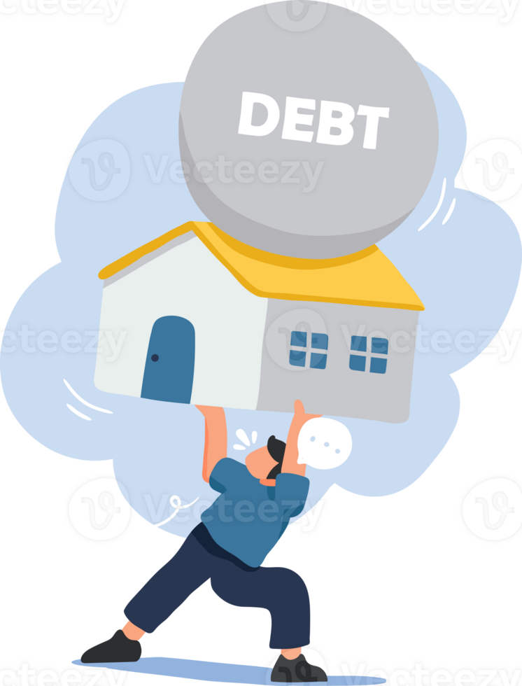 Business and Finance Debt Illustration. A Man Struggling to Carry a House on His Back with a Debt Ball. png