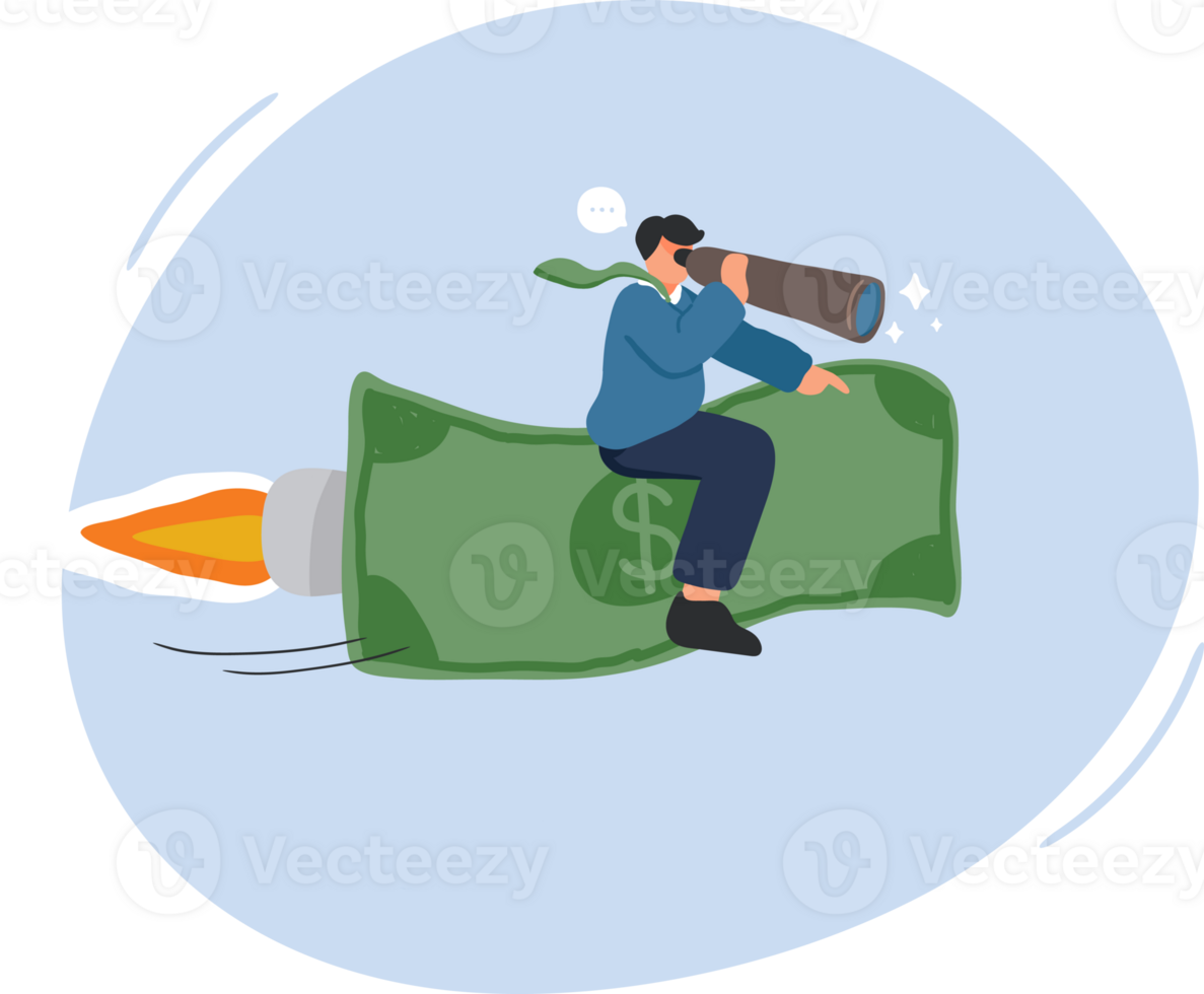 Investment Opportunity and Financial Growth Concept. A Businessman Rides a Flying Banknote Using a Telescope to Foresee Future Profits. png