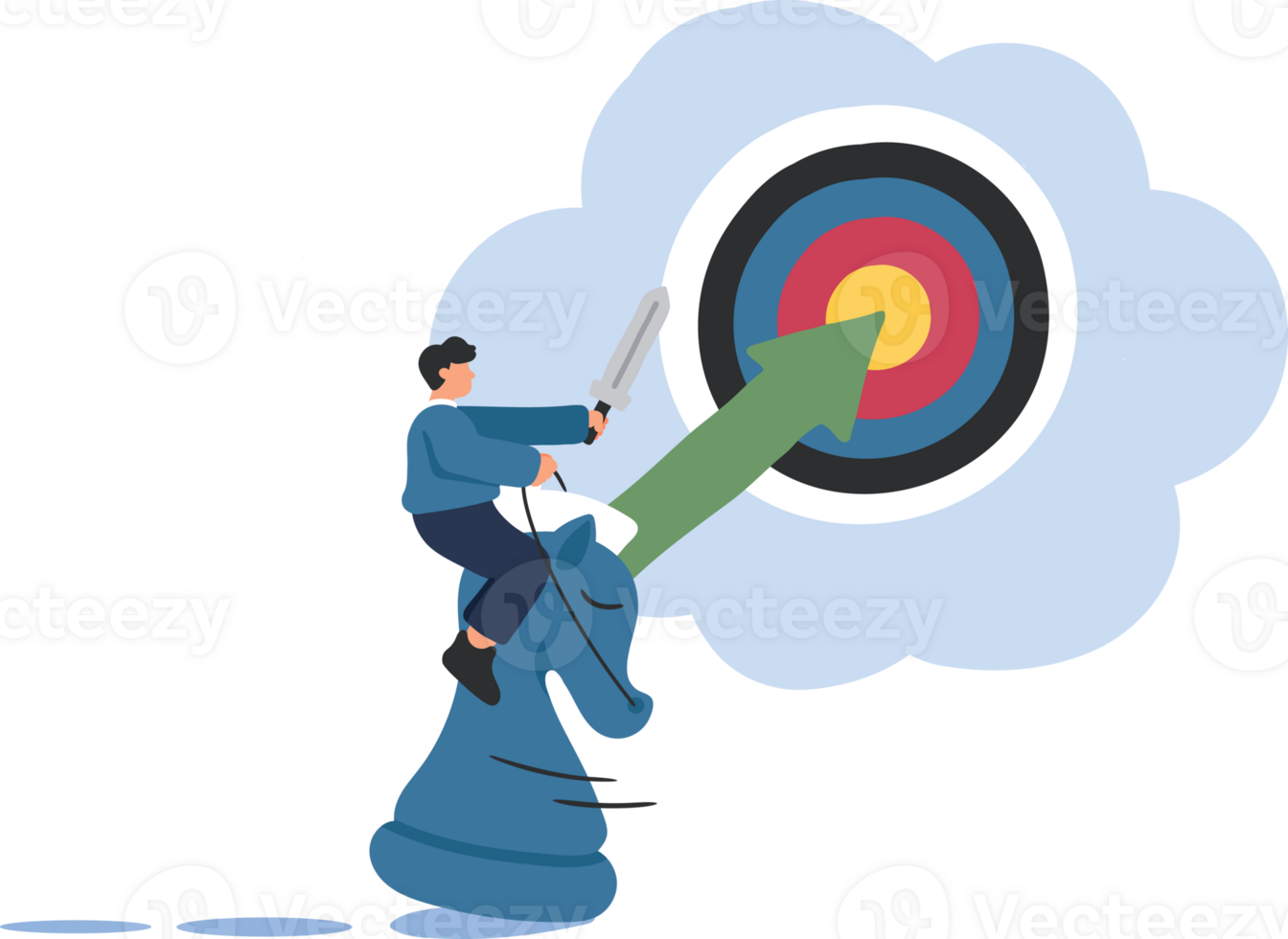 Strategic Aim and Target Achievement. Strategic Planning. A green arrow points directly at the bullseye of the target. png