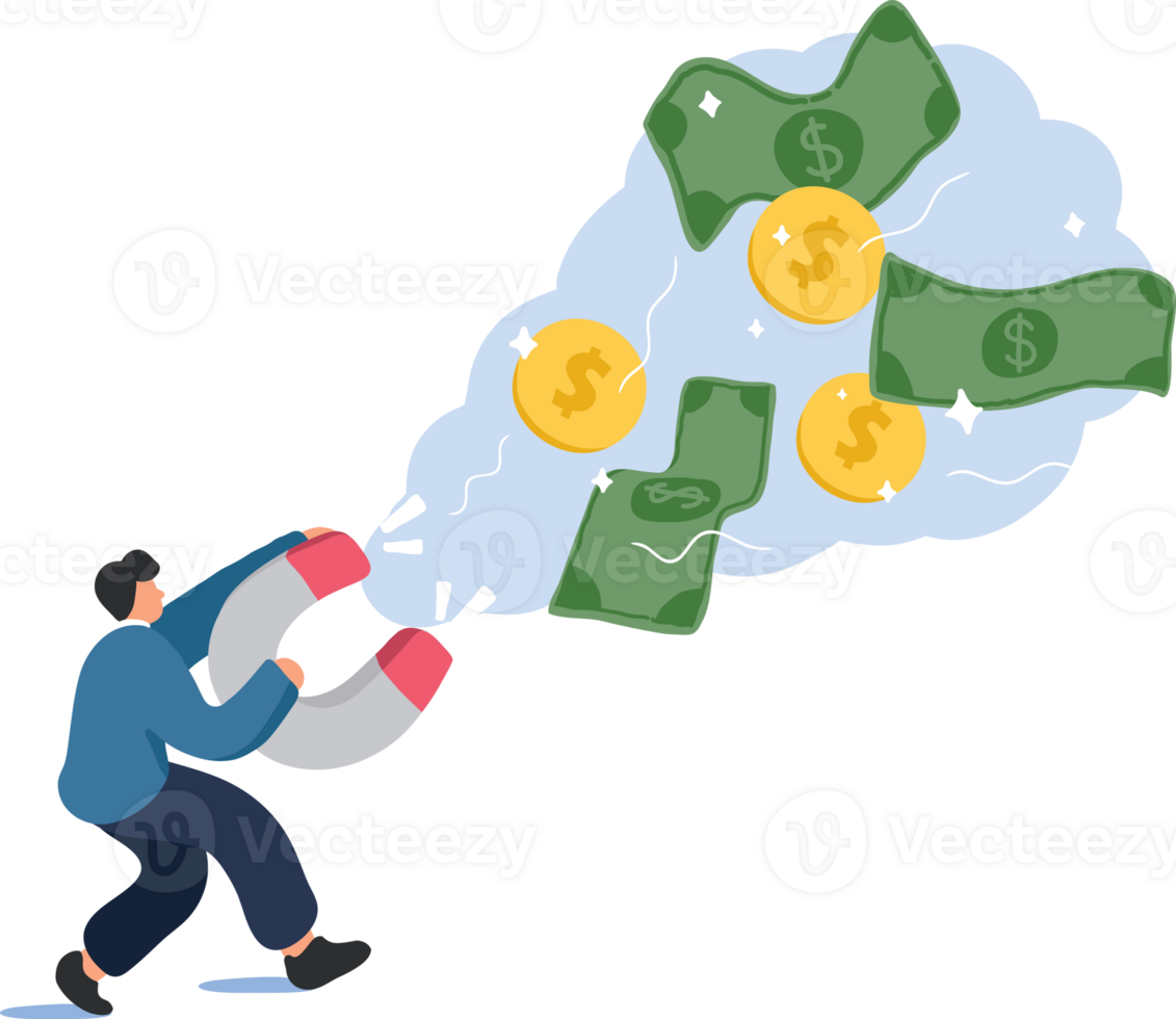 Business and Finance Wealth Attraction Illustration. A Person Using a Magnet to Draw Money. png