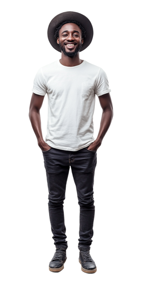 A man in a hat and white t - shirt png