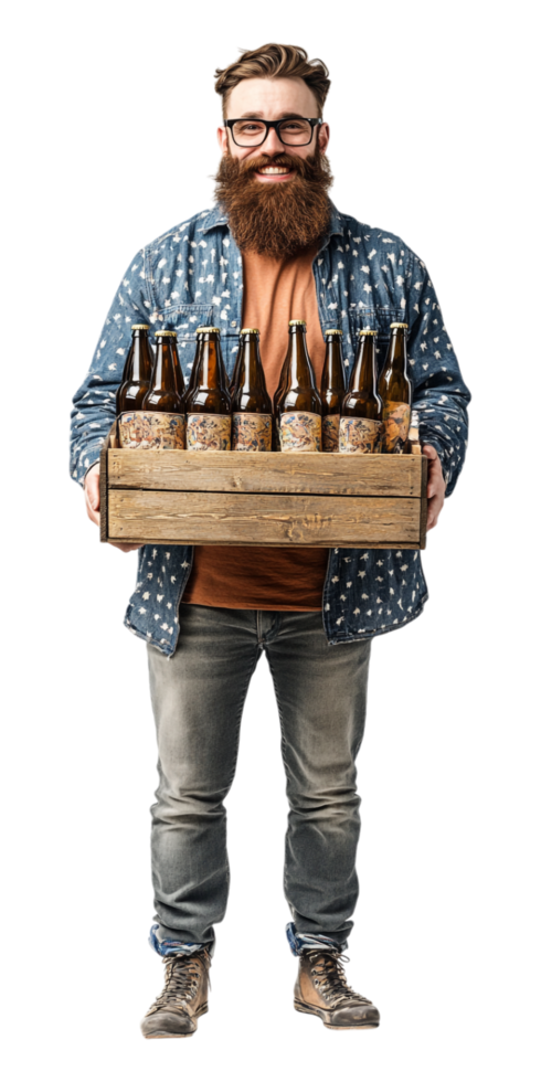 A bearded man holding a wooden crate with beer bottles png
