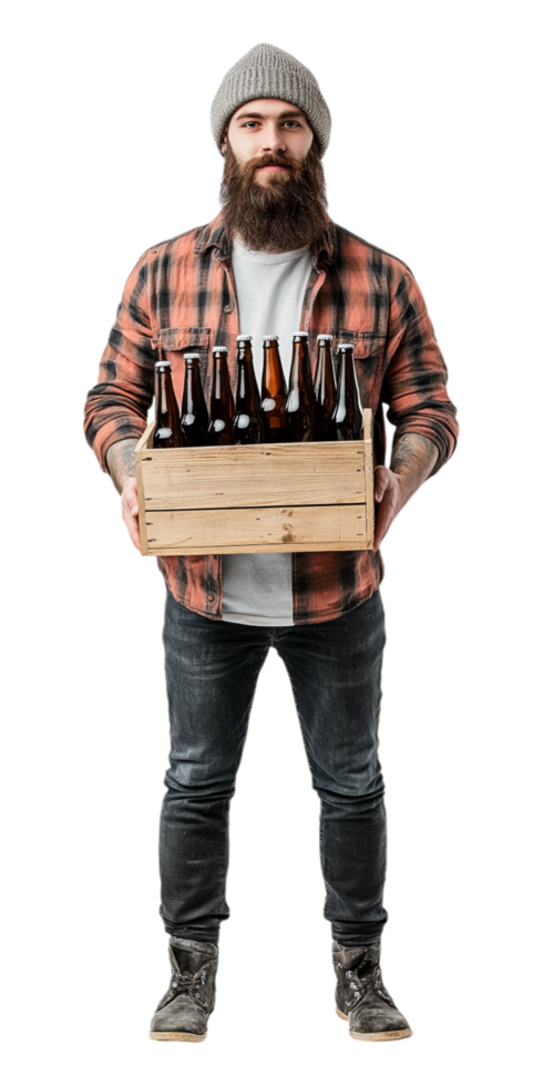 A bearded man holding a box of beer bottles png