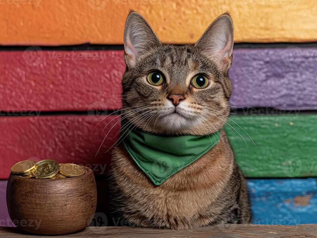 Adorable tabby cat wearing a green bandana with a pot of gold coins photo