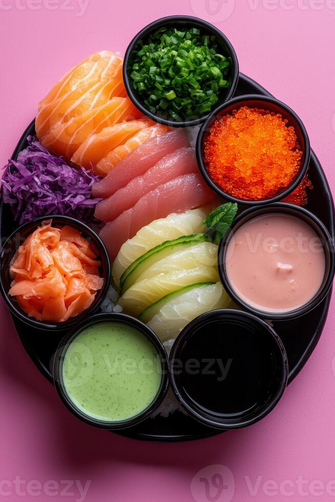 Delicious poke bowl with assorted fish, rice, and various sauces photo