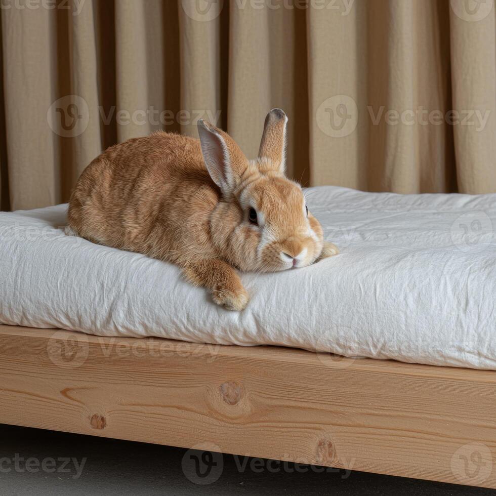 Adorable orange rabbit relaxing on a minimalist bed photo