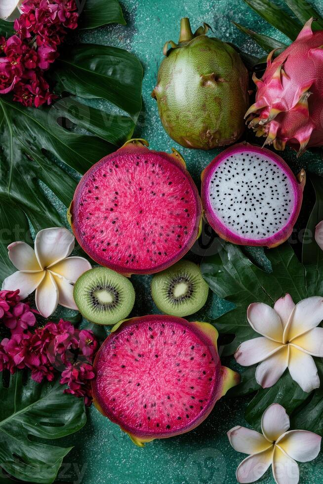 Exotic fruits and tropical flowers on a green background photo