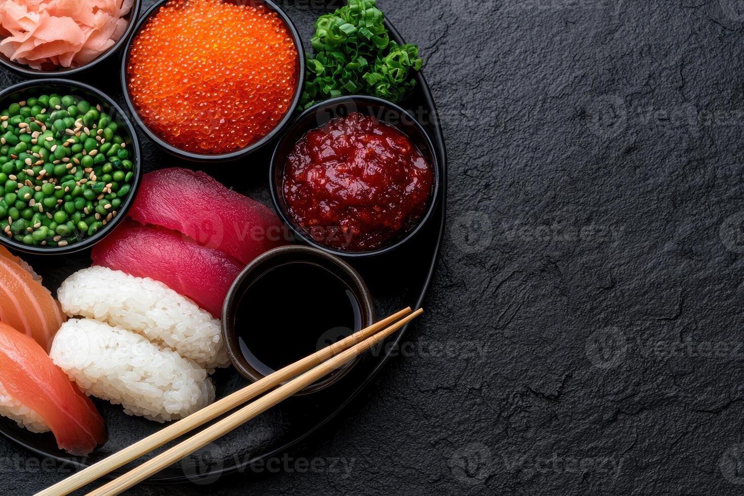 Sushi platter with various toppings and sauces photo