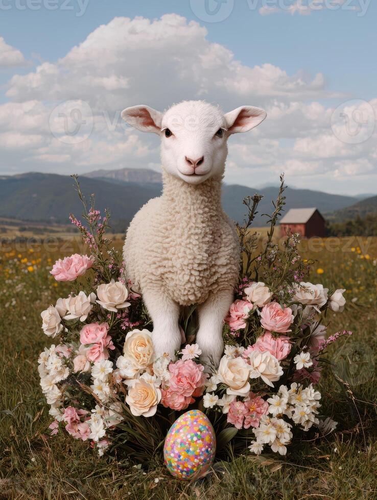 Adorable lamb sitting in a spring flower arrangement with a colorful easter egg photo