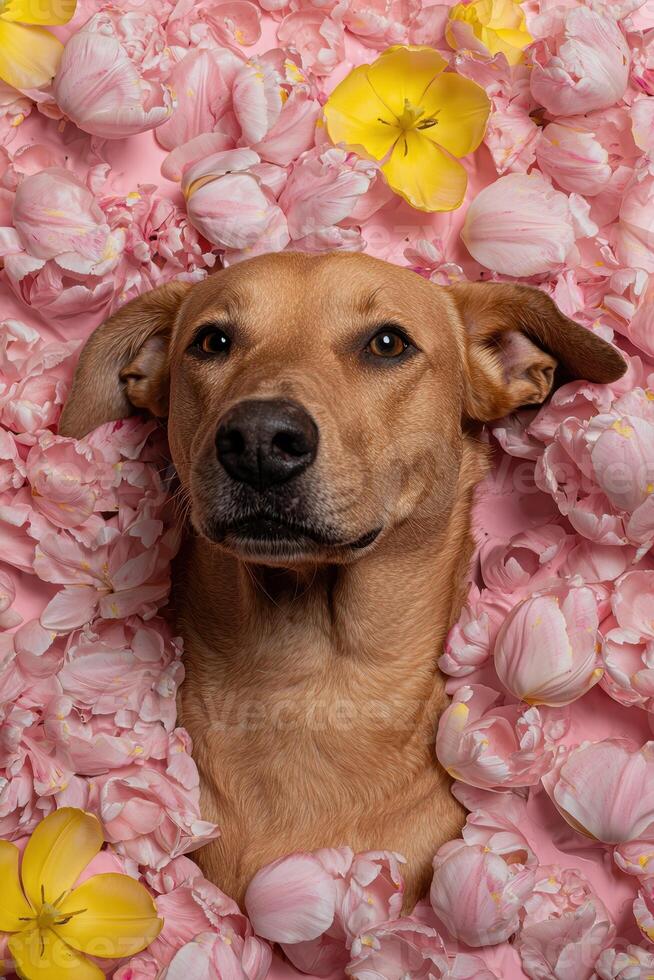 Cute dog surrounded by pink tulips and yellow flowers photo