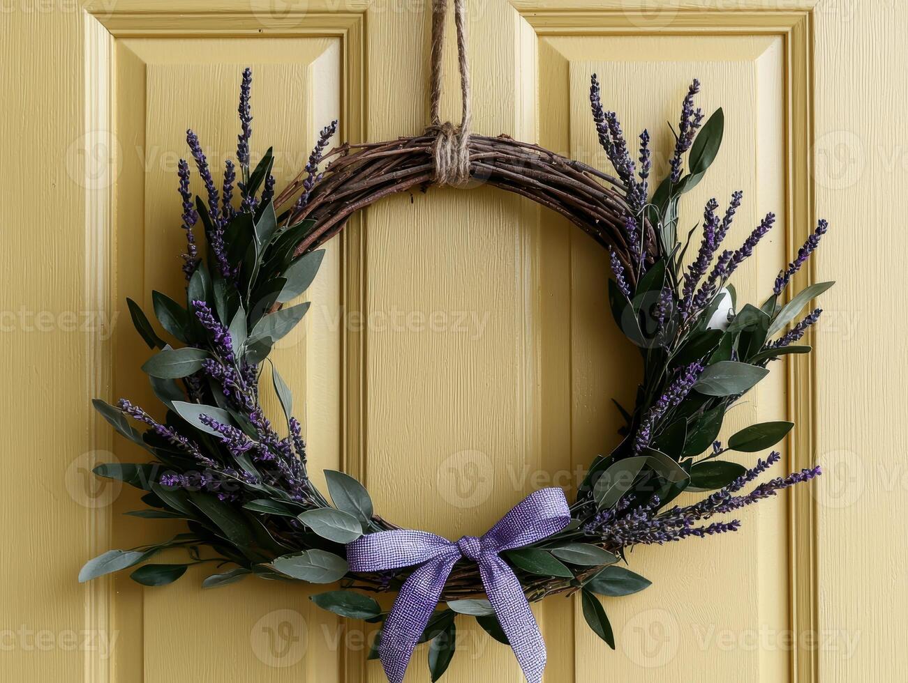 Lavender and eucalyptus wreath hanging on a yellow door photo