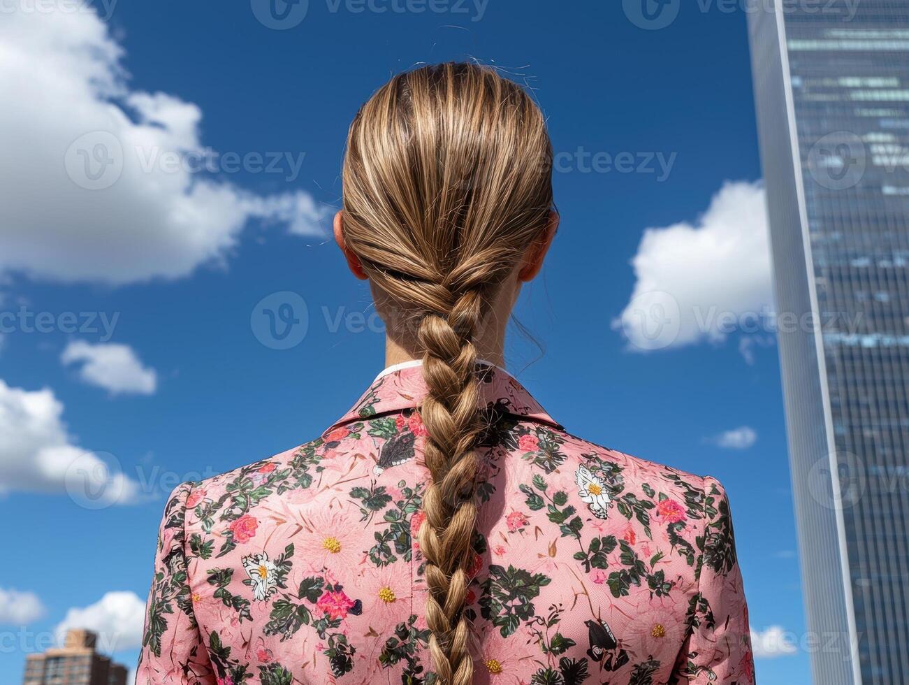 Woman with long braid looking at city skyline photo