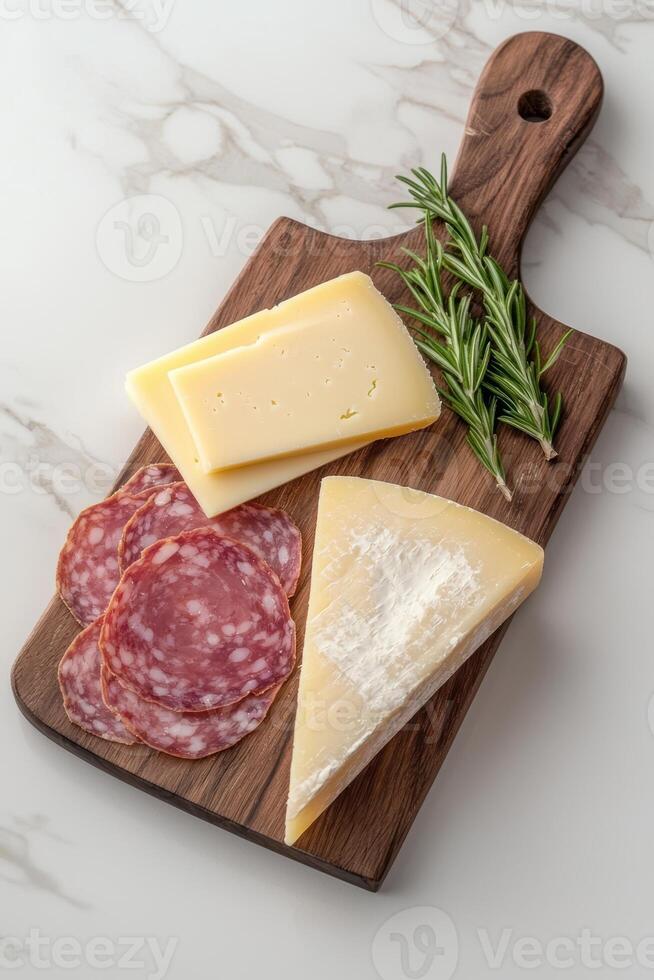 Italian cheese and salami platter with rosemary photo
