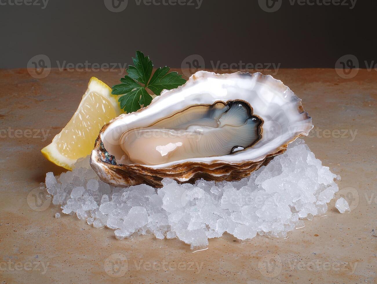 Fresh oyster on ice with lemon and parsley photo