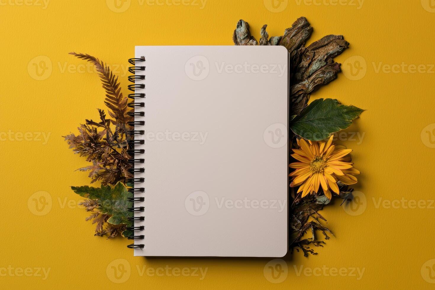 Blank spiral notepad mockup with autumn leaves and flowers on yellow background photo
