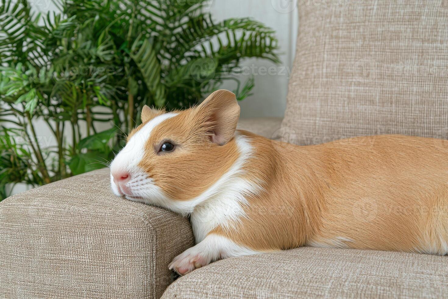 Adorable orange and white guinea pig relaxing on a beige couch photo