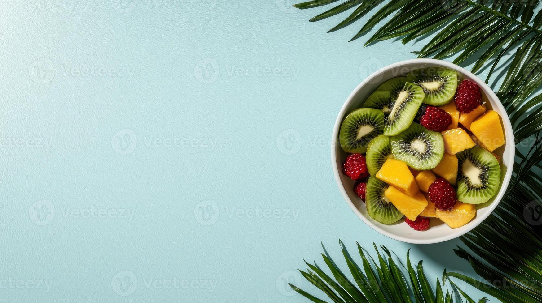 Fresh fruit salad with kiwi, mango, and raspberries in a bowl, tropical palm leaves background photo