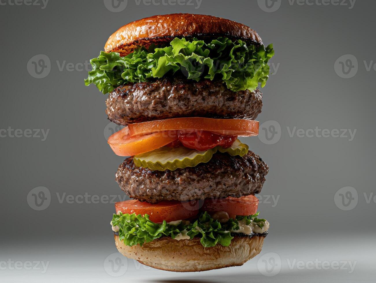 Juicy double cheeseburger with lettuce, tomato, and pickles photo