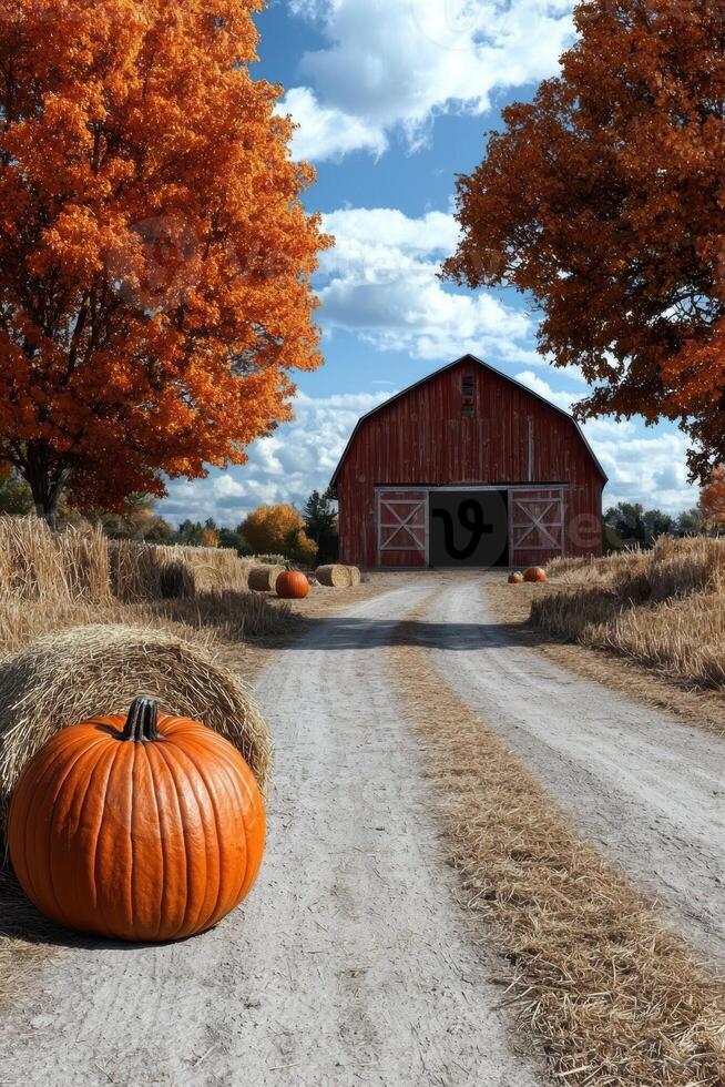 Autumn harvest scene with pumpkins and red barn photo