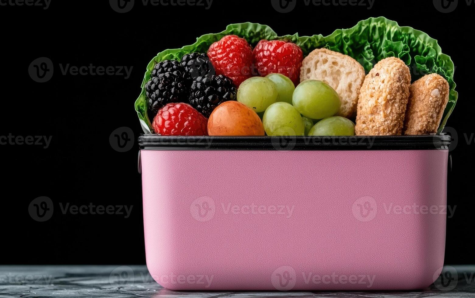 Healthy and delicious lunchbox packed with fresh fruits, berries, and biscuits photo