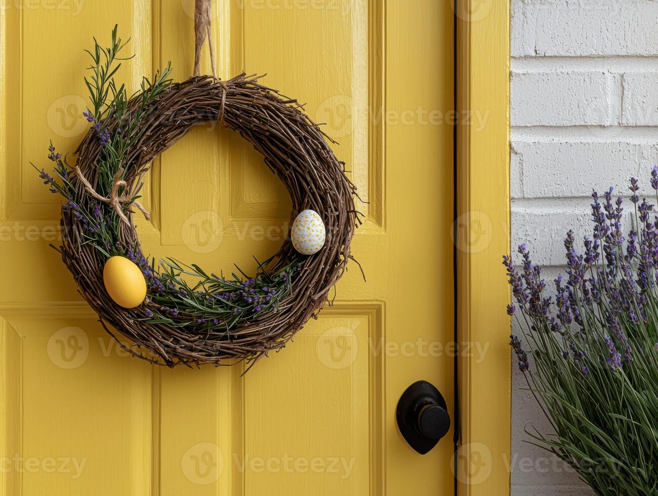 Easter wreath with lavender and eggs hanging on a yellow door photo