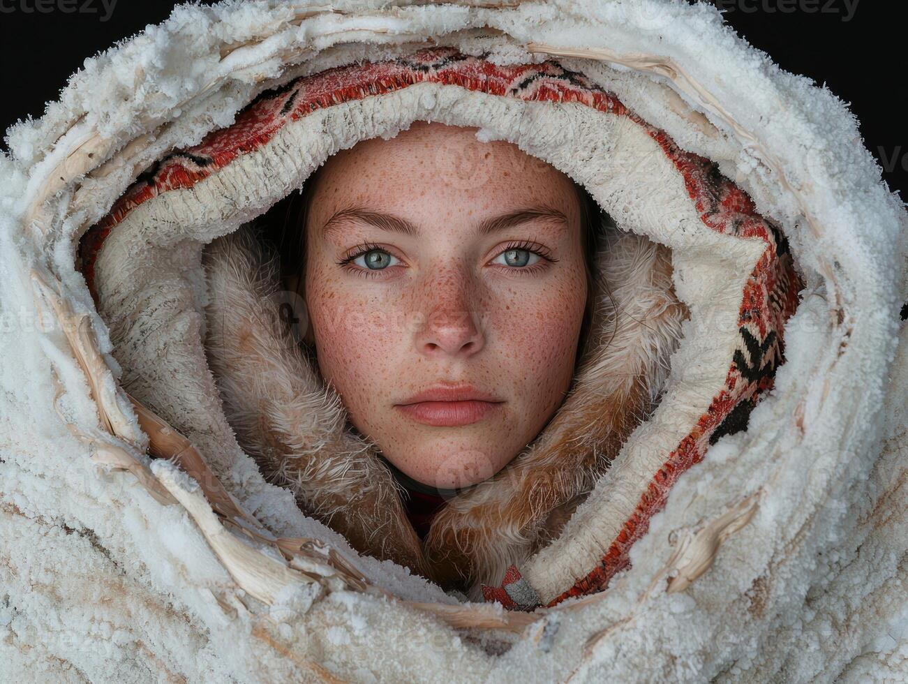 Woman in hooded parka, winter, snow, cold weather, portrait photo