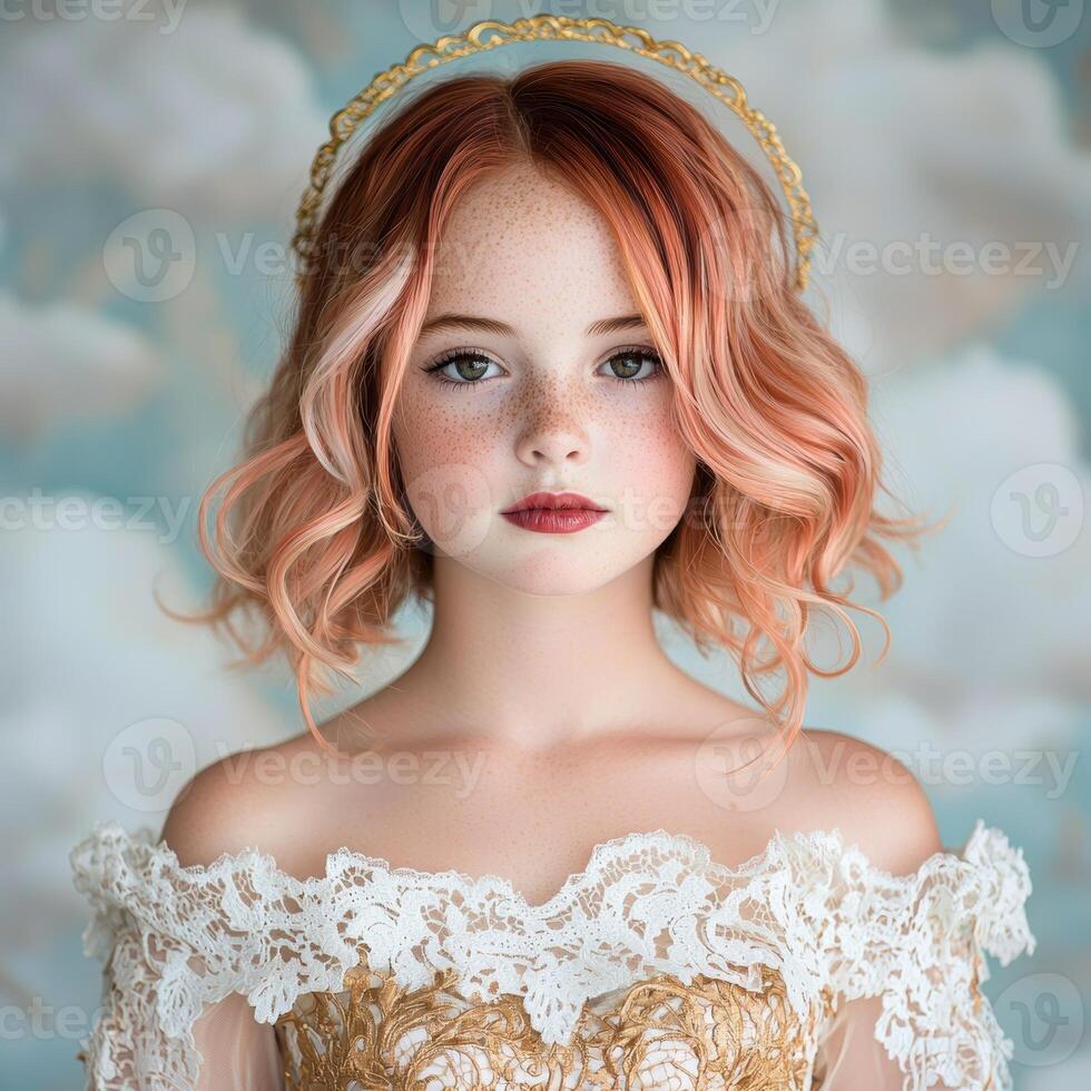 Portrait of a beautiful young girl with red hair wearing a gold halo and a lace dress photo