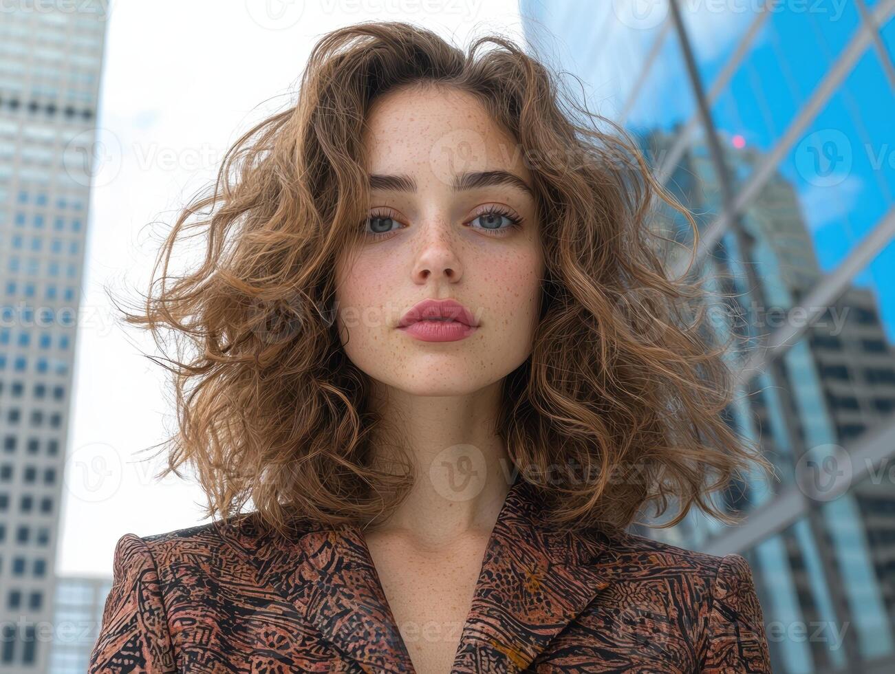 Portrait of a young woman with freckles and curly hair wearing a patterned jacket in an urban setting photo