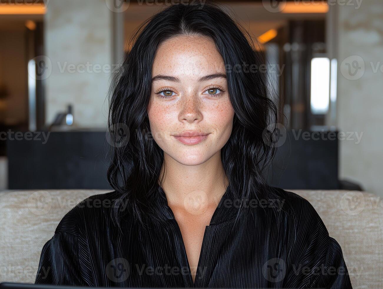 Portrait of a young woman with freckles, wearing a black top photo